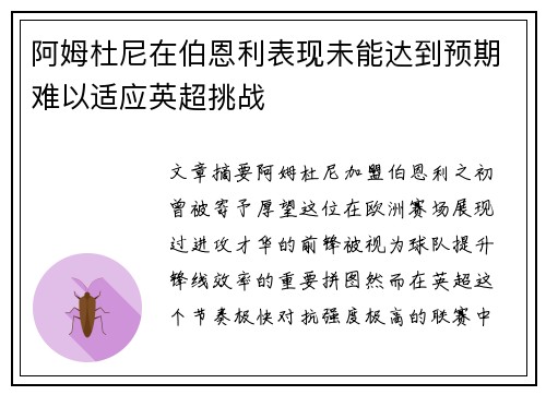 阿姆杜尼在伯恩利表现未能达到预期难以适应英超挑战 阿姆杜尼在伯恩利表现未能达到预期难以适应英超挑战