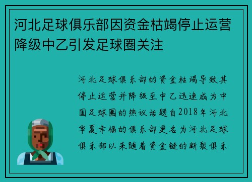 河北足球俱乐部因资金枯竭停止运营降级中乙引发足球圈关注 河北足球俱乐部因资金枯竭停止运营降级中乙引发足球圈关注